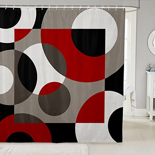 Red Geometric Shower Curtain Circle Bath Curtain,Abstract Swirl Lines Striped Curtain Set Retro Grommet Patchwork Geometric Rustic Modern Circle Urban Art Bathroom Decor,Grey Black 72Wx72L
