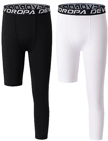 DEVOROPA Youth Boys One Leg Compression Pants for Basketball 2-Pack 3/4 Leggings Sports Tights Kids Athletic Soccer Base Layer Black/White L