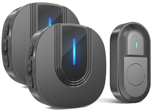 SURFOU Sonnette Sans Fil Extérieur Étanche 300 Mètres Sonnette de Porte Carillon Electronique Kit pour la Maison avec Récepteurs Enfichables 55 Sonneries, 5 Volumes (noir, 2 récepteur + 1 émetteur)