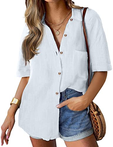 HOTOUCH Short Sleeve Blouses for Women Summer Casual Shirts V Neck Button Down Blouse Elegant Cotton Shirt Solid Color Tops White XXL