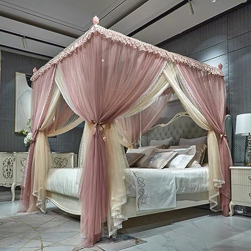 4 Corners Post Princess Mosquito Net Curtains Bed Canopy for Girls Curtain- Double Layer Sheer Mesh Canopies Drapes Girls Room Decor
