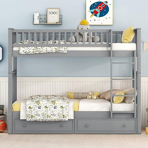 KAZZIO Etagenbetten, Kinderbetten,Funktionelle Betten, Etagenbett mit Schubladen, Cabrio-Betten, 90x200cm (Grau)