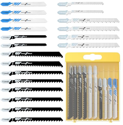 20 Pcs Jigsaw Blades Set with Case, 9 Types of Assorted T-Shank Replacement Jigsaw Blades, for Wood,Plastic and Metal Cutting