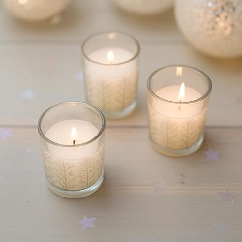 Marco Paul Cinnamon Scented Candles Set of 3 with Silver Christmas Tree Design Votive Candle Jars for Home Decorations - Christmas Scented Candles Xmas Scented