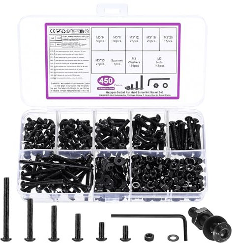M3 Juego de Tornillos y Tuercas y Arandelas, 450 Pcs Métricos Tornillos de Cabeza Hueca Hexagonal Cilíndrico, Tornillería Tornillos Cabeza Hexagonales Redonda para Reparación Máquinas, Negro