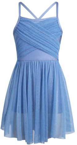Riismen Girls Shiny Ballet Lyrical Dance Dress Spaghetti Straps Bowtie Back Leotard Mesh Dancewear Light Blue 7-8 Years