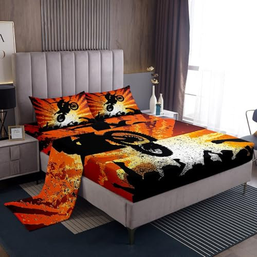 Loussiesd Juego de ropa de cama para niños y niñas, tamaño King, juego de sábanas de deportes extremos, sábanas ultrasuaves para motociclistas, con bolsillo profundo, sábana bajera ajustable para