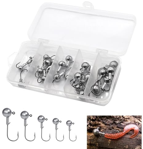 24 Pièces Têtes Plombées Pêche, Hameçons à Tête Plombée 3.5g/5g/7g/10g/14g, Hameçons pour Leurre Souple, Triple Barbillons pour Pêche en Mer Eau Douce, Pour Truite, Brochet, Boîte de Rangement Incluse