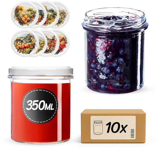KADAX Tarros de mermelada de 350 ml con tapa de rosca fi82 mm, tarros pequeños con tapa, tarros para conservas, conservas y conservas, tarros de rosca (huerto, 10 unidades)