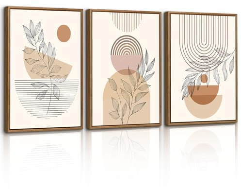WENGTIAO Lienzos Cuadros Decoracion Enmarcados, Vintage Boho Abstracto Geométrico, Beige y Marrón Botánicos Neutros Láminas Sobre Lienzo para Moderno Salones Dormitorios Decoracion Pared 30x40cmx3