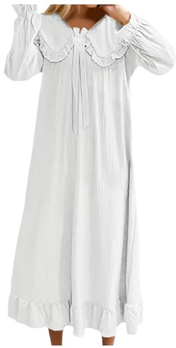 Camisón largo de satén de manga larga para mujer, con lazo, ribete de encaje en la muñeca y cuello, estilo de rodillera para el hogar, Blanco, 170