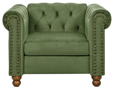 Chesterfield living room sofa velvet upholstered seating collection with deep button tufting, nailhead trim, scroll arms, turned wood legs, medium-soft foam cushions, easy assembly (Armchair)