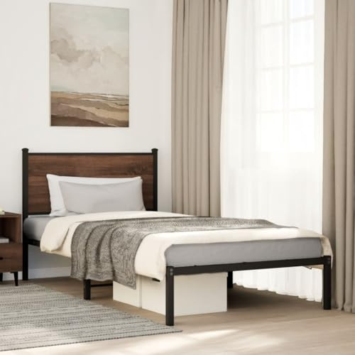 Yunovire Metallsäng brun eklook, 107 x 203 cm, robust stålram, modern design, extra förvaringsutrymme, hållbara sovrumsmöbler