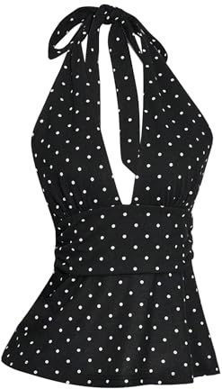 GORGLITTER Women's Polka Dots Halter Top Tie Backless V Neck Summer Skinny Flared Ruffle Tops Clubwear Vest Vacation Outfit Black S