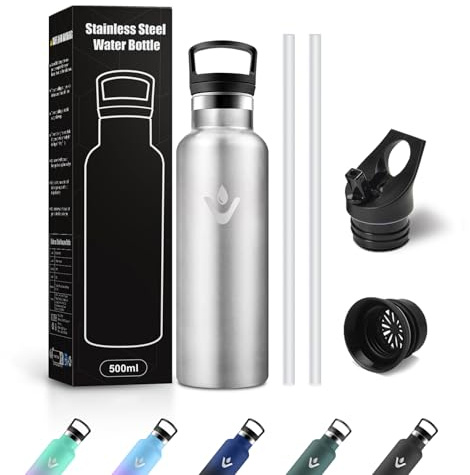 Borraccia Acciaio Inox 500ml, Bottiglia Acqua con Cannuccia, Riutilizzabile, senza BPA, a prova di perdite, Termos per Scuola, Campeggio
