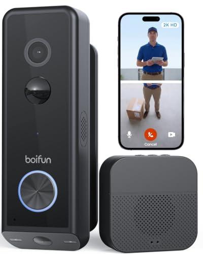 BOIFUN 2026 2K Double Caméra Sonnette sans Fil Extérieure Étanche, Noir | Vision Nocturne en Couleur, Installation Facile avec Support, Détection Humaine par IA, Compatible Carte SD, Wi-Fi 2,4 GHz
