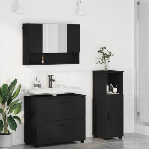 Ziaphsol Badrumsmöbelset med dörr, 3-delad, svart, plywood, metall, väggmontering, förvaringsutrymme, tvättställ, spegel, högskåp, utrymmesbesparande, modern design, för små till medelstora badrum