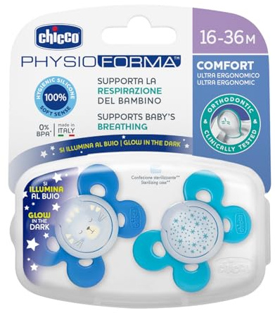 Chicco Physio Comfort Night Bimbo Succhietto di Silicone, 16-36 Mesi, Colori Assortiti, 2 Pezzi