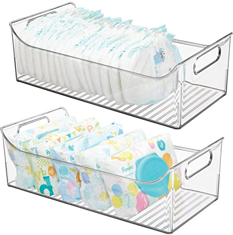 mDesign Portable Nursery Storage Plastic Baby Organizer Storage Caddy Bin w/Handles for Kids/Child Essentials - Holds Diapers, Wipes, Bottles, Baby Food - 16 Long - Ligne Collection - 2 Pack - Clear
