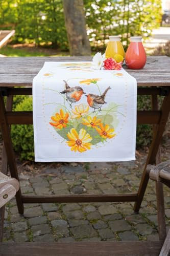 Vervaco Stickpackung Tischläufer Zählmusterpackung Kreuzstich Rotkehlchen & Blumen Stickläufer zum Selbersticken Stickset Weihnachten Kreativ Set für Erwachsene 32 x 84 cm Kreatives Geschenk