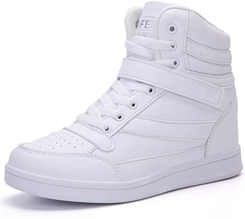 UBFEN Womens High Top Sneakers with Hidden Wedge Heel Ankle Support 2 Inch Height Increase 80s Retro Casual Boots White Size US 9