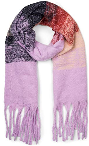 styleBREAKER Damen Web Strickschal mit bunt meliertem Streifen Muster und langen dicken Fransen, warmer Winter, Stola 01017146, Farbe:Flieder-Bordeaux-Schwarz