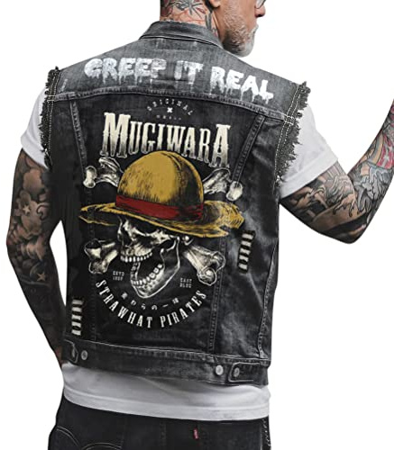ORANDESIGNE Giacca Jeans Senza Maniche Uomo Stampa Graffiti Punk Gilet Denim Vest Vintage Gilet in Denim Lavato Gilet di Jeans Capispalla Giacca da Moto V Nero S