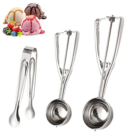 2 Stück Eisportionierer aus Edelstahl 4 cm, 5 cm und 1 Stück kleine Eiszange mit runder Spitze, Catering-Buffet-Eisportionierer, Eisportionierer, Schaufeln, geeignet für Eis, Kuchen, Melonen
