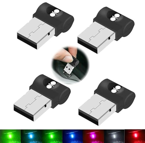 LEZED Luz Ambiente Coche USB 4 Piezas Luz USB LED Coche 7 Colores Ajustables Mini Luz Interior Coche USB Portátiles para Automóviles, Computadoras Portátiles, Enchufes USB