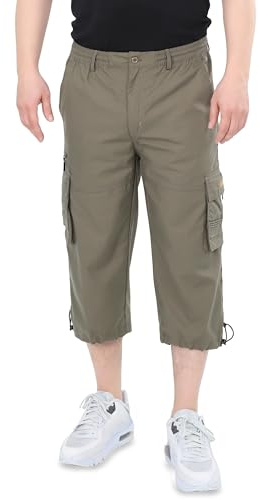 Ben Creek – capri-fritidsbyxor för män – Bermudashorts för fritid och vardag – korta 3/4 vandringsbyxor med elastiskt midjeband – halvlång cargo, med multifickor, QLH13, oliv, XXL