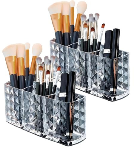 JUXINE Kosmetik Organizer,2 Stück Make Up Pinsel Aufbewahrung,6 Fächern Kristall Makeup Pinsel Halter für Eyeliners Lippenstift Wimperntusche,Acryl Schmink Aufbewahrung Transparent