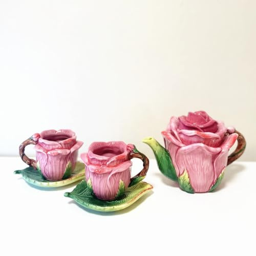 Minigift Ceramic Rose Tea Pot Set, 3D Hand-painted Rose Red Flower Cup and Green Leaves Saucer, Set of 5