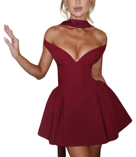Robes de Pâques d'été pour femmes 2025 épaules dénudées Mini V A-line Volants Slim Fit Robe de soirée courte Robes, rouge x, M