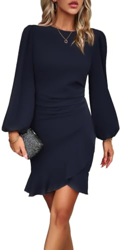 VHUQGVU Robe Cocktail Mariage Vintage Robe Casual Femme Robe baptême col Rond Manches Longues,Bleu 1,L