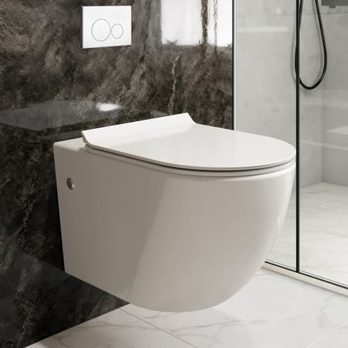 MIJIC Wall Hung Toilet Tankless, Wall Mounted Toilet with Soft Closing Seat, Power Flush, White Elongated