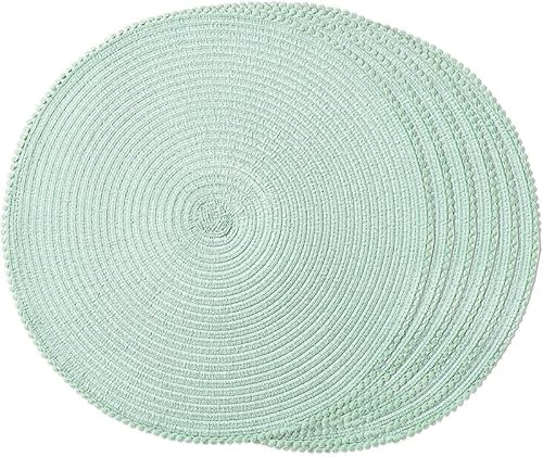 Florvo Round Braided Placemats Set of 4 – 38 cm | Non-Slip, Heat-Resistant Table Mats with Pom-Pom Tassels, Waterproof Washable Place Mats for Dining Table & Centrepiece Base (TURQUOISE)