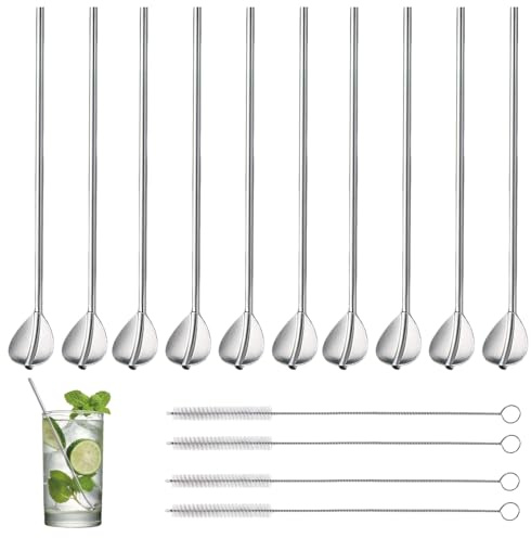 CHAOTEMAI 10 Piezas Cuchara para Pajita Diseño 2 en 1 + 4 Piezas Cepillo de Limpieza Pajitas de Acero Inoxidable Extralargo Pajitas Reutilizables para Batidos Yogur Té con Leche Cócteles