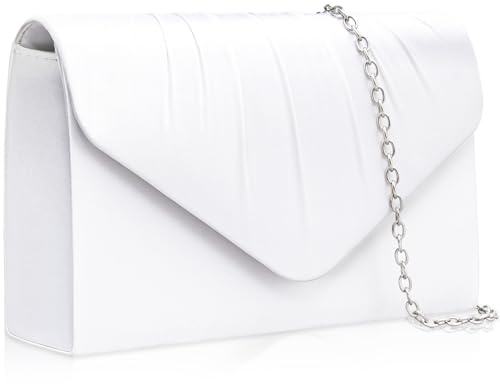 Larcenciel Bolso Mujer Blanco, Elegante Bolso de Mano de Satén Suave con Cadena Desmontable, Clutch Fiesta de Noche Clásico Plisado, Cartera de Mano de Moda para Boda, Fiesta, Cena, Cóctel, 23x13x5CM
