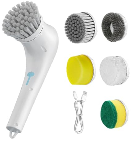 Electric Grill Brush - Cordless Rechargeable Cleaner, Waterproof Power Scrubber | Removable Cleaning Tool With 5 Replacement Heads For Bathtub Tile Deck Floor Restaurant Bathroom Surfaces