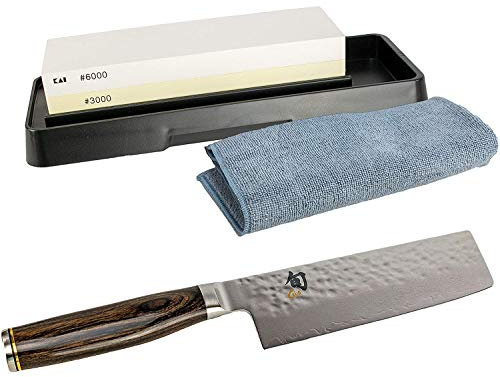 Kai SHUN Premier Tim MÄLZER NAKIRI, coltello damascato ultra affilato, 14 cm, TDM-1742 + pietra per affilare KAI AP-0316 con grana 3000/6000 + panno per lucidatura premium