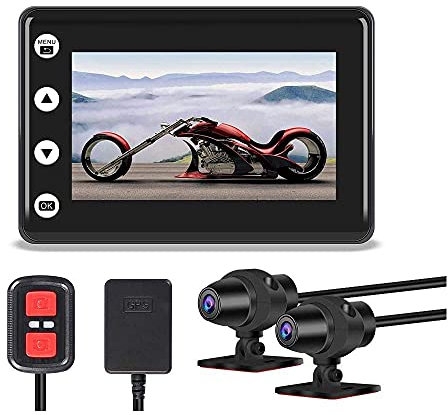 VSYSTO Dashcam Motorrad, 3.0 Zoll LCD Bildschirm Motorrad Kamera, 140° Weitwinkel Doppellinse Kamera Motorrad Vorne Hinten 1080P, WiFi Wasserdicht Sportkamera mit GPS, G-Sensor, Nachtsicht