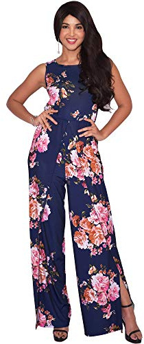 KOH KOH Plus Size Womens Long Floral Flower Print Sleeveless V-Neck Wide Leg Short Sleeve Casual One Piece Jumpsuit Jumpsuits Pantsuit Pant Suit Romper Playsuit Outfit, Navy Blue & Pink 2XL 18-20