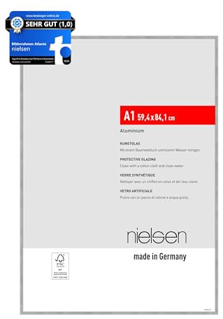 nielsen Bilderrahmen, 59,4 x 84,1 cm (A1), Aluminium, Silber matt, Posterrahmen zum Aufhängen im Hoch- & Querformat, bruchsicheres Kunstglas, Atlanta