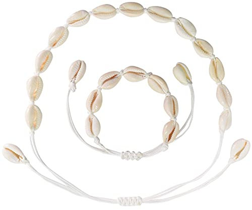 Disnace Muschel Halskette Armband Set, Damen Natural Shell Choker, Muschel Perlen Armband, Muschel Halskette Natürliche, Muschelketten Muschel für Damen Mädchen Sommer Strand Schmuck (Blanc)