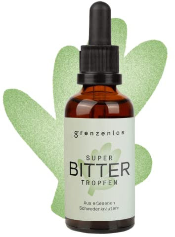 grenzenlos® Super Bitter Tropfen 50ml mit praktischem Pipettenverschluss – Bitterstoffe Tropfen aus 21 erlesenen Kräutern, Bitterkräuter nach Hildegard von Bingen & Maria Treben, Made in Germany
