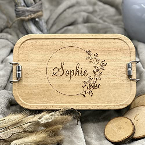 Thiger Brotdose mit Fächern Kinder & Erwachsene - Hochwertige Lunchbox - nachhaltige Materialien - Brotdose Mädchen - Personalisiert - Brotdose Schule - (1100 ml + 2 Trennwände, Blumenkranz 2)