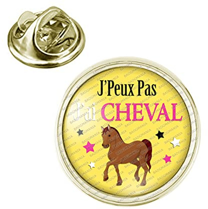 Badgmania Pin's Doré 20mm J'Peux Pas J'ai Cheval - Equitation fond jaune Logo 18mm Pins Bouton Epinglette