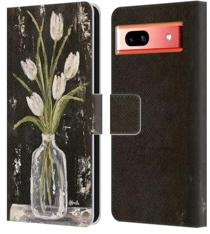 Head Case Designs Licenciado Oficialmente Haley Bush Tulipanes Blancos en Tarro de Cristal Pintura Floral Carcasa de Cuero Tipo Libro Compatible con Google Pixel 7a