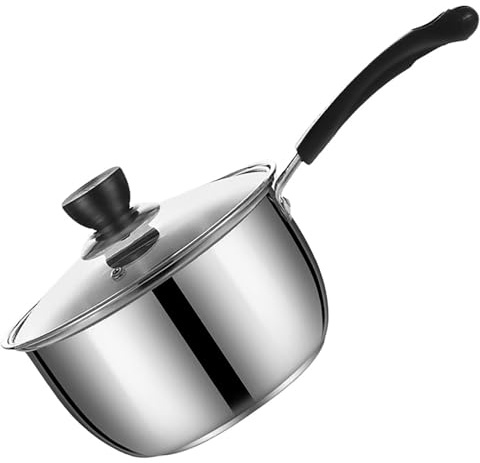 Stainless Steel Thin Saucepan, 1.3 Quart Long Handle Milk Pot with Lid for Warming, Cooking and Boiling Milk, Spaghetti, Soup in Kitchen and Outdoor (18cm)