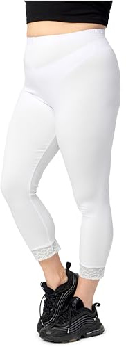Merry Style Legging 3/4 Capri Femme Grande Taille Leggings Opaques en Viscose avec Dentelle MS10-452 (Blanc, 5XL)